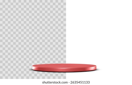 Podio Rojo Brillante En Estilo Mínimo 3D Con Fondo Transparente Y Blanco Dividido, Ideal Para La Presentación De Productos, Maquetas De Pantallas O Escenas De Marca. Ilustración vectorial limpia