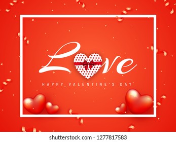 Glossy red poster or banner design with stylish lettering of love and decorative hearts illustration for valentine's day celebration.