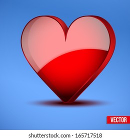 Glossy red realistic heart for Valentines day card. Isolated on background