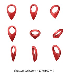 Glossy red realistic modern map pointers vector set in various angles. Map pointer 3d pin. Location symbols.