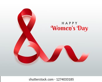 Glossy red ribbon arranged in text 8 for Happy Women's Day celebration poster or greeting card design.