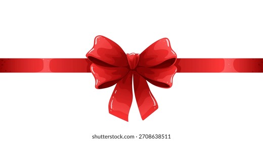 Glossy red ribbon bow centered on a horizontal red ribbon isolated on a white background. Perfect for Christmas, holidays, gifts, celebrations, decorations, packaging, and festive design elements.
