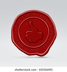 Glossy red sealing stamp round seal with thumb up and quality guarantee inscription hanging in the air