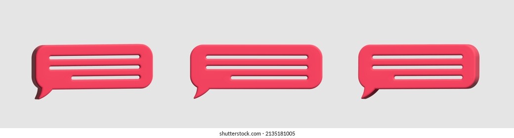 Glossy red speech bubbles, dialogue, messenger shapes. 3D render vector icons for social media or website