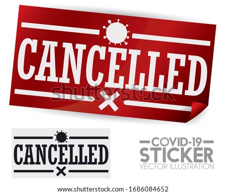 Glossy, red sticker and sample, with coronavirus representation, 