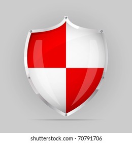 Glossy Red an White shield emblem on grey background