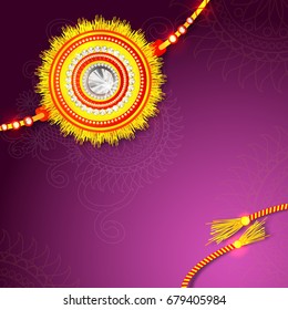 Glossy Red and Yellow Decorative Rakhi on purple background for Indian Festival of Brother and Sister Bonding, Raksha Bandhan celebration.