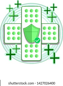 A glossy reflective green patch up symbol with green and blue protection circles on top with green multi-layer armor plus check mark sign. Surround with many green cross signs. 