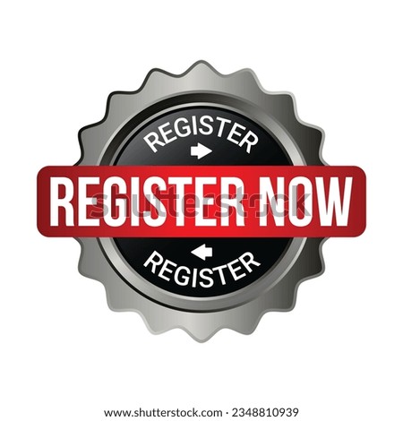 Glossy Register Now Button, Register Here, Register Now Badge, Emblem, Seal, Push Button, Realistic 3D Shiny Registration Button Reflection, Design Element Isolated On White Background