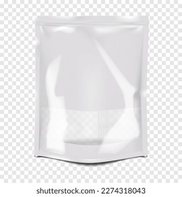 Glossy resealable plastic bag with clear window and zip lock on transparent background vector mock-up. Empty blank zipper stand-up pouch realistic mockup. Food package template