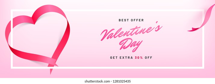 Glossy ribbon arranged in heart shape with 30% discount offer for Valentine's day. Header or banner design.