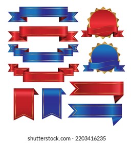 Glossy ribbon vector banners set. ribbon label red and blue glossy, ribbon curled tag, waving ribbon