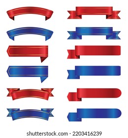 Glossy ribbon vector banners set. ribbon label red and blue glossy, ribbon curled tag, waving ribbon