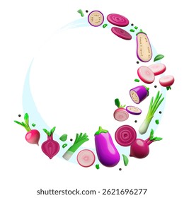Glossy ripe purple vegetables and greens spices 3D vector round design. Volume beetroot, radish, eggplant and onion. Dish ingredient slice and whole. Natural healthy organic food. Farm harvest