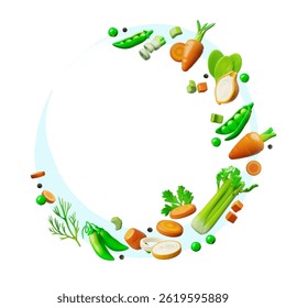 Vegetais maduros brilhantes e verduras 3D estilo plástico vetor design redondo. Cenoura em volume, ervilhas, aipo, cebola, endro, salsa verde. Alimentos orgânicos naturais e saudáveis para plantas