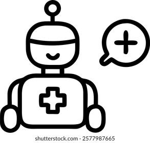 Glossy robotic assistant icon with medical plus sign concept as A glossy icon of a robotic assistant combined with a medical plus sign on a plain background symbolizing support in