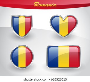 Glossy Romania flag icon set with shield, heart, circle and rectangle shapes in silver frame. Vector illustration.