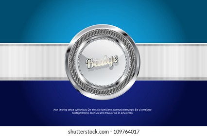 Glossy round badge of glass, metal and fabric, and wide white ribbon over a blue background background (vector)