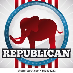 Glossy round button in American design with a red elephant inside, supporting the Republican vote in the next elections.