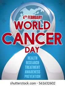 Glossy round button with globe inside and ribbon around it reminding you the date of World Cancer Day with some precepts to commemorate this special day.