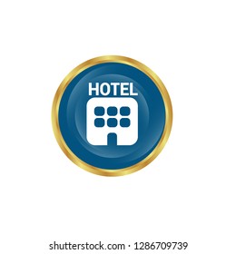 glossy round button with icon hotel inside