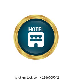 glossy round button with icon hotel inside