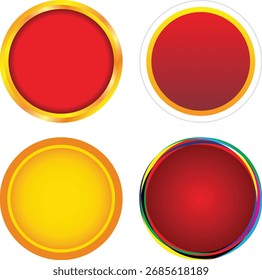 Plantillas de Botón redondas brillantes, círculos coloridos brillantes de la insignia, diseño rojo y amarillo del emblema del gradiente, sistema en blanco del icono de la etiqueta engomada