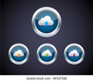 Glossy round buttons in metallic ring with upload cloud icon in different colors