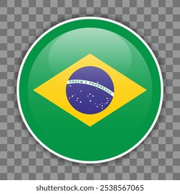 Glossy round flag of Brazil on checkered background. Icon for mobile apps, UI or web design