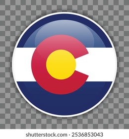 Glossy round flag of Colorado on checkered background. Icon for mobile apps, UI or web design