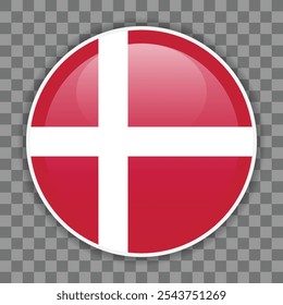 Glossy round flag of Denmark on checkered background. Icon for mobile apps, UI or web design