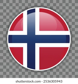 Brillante bandera redonda de Noruega sobre fondo a cuadros. Icono para App móviles, interfaz de usuario o Diseño web