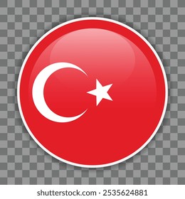 Brillante bandera redonda de Turquía sobre fondo a cuadros. Icono para App móviles, interfaz de usuario o Diseño web