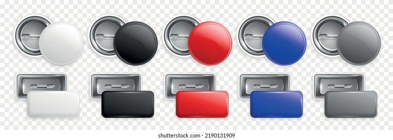 Glossy round and rectangular pin badges of different colors front and back views realistic set isolated on transparent background vector illustration