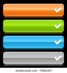 Glossy rounded rectangle web button bar with check sign with color reflection on black