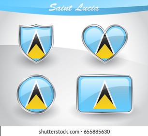 Glossy Saint Lucia flag icon set with shield, heart, circle and rectangle shapes in silver frame. Vector illustration.
