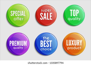 Glossy sale buttons collection. Product promotions. premium quality, vector.