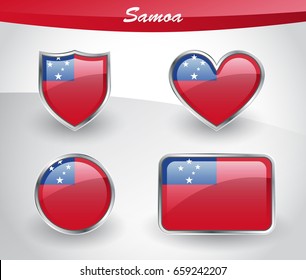 Glossy Samoa flag icon set with shield, heart, circle and rectangle shapes in silver frame. Vector illustration.