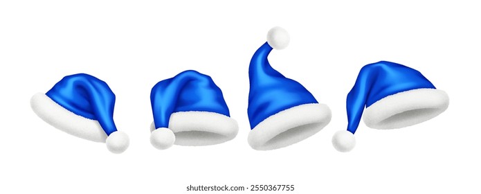 Glossy Santa hats of blue silk and fur realistic vector illustration set. New year celebration headgear 3d models on white background