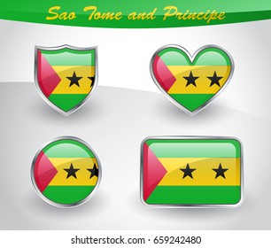 Glossy Sao Tome and Principe flag icon set with shield, heart, circle and rectangle shapes in silver frame. Vector illustration.