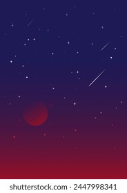 Glossy Saturn rising in bright evening sky. Aesthetic cosmic planet with shooting stars skyscape.