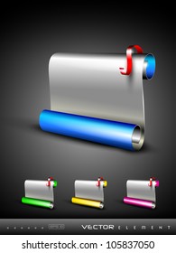 Glossy scroll banner in blue, green. yellow and pink color with grey combination and red ribbon. EPS 10, isolated on grey.