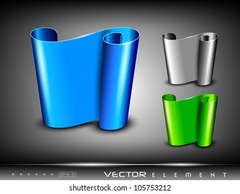 Glossy scroll paper sets in blue, green and grey color, isolated on grey .EPS 10. can be use as icons, element, banner or background.