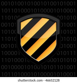 Glossy security shield emblem over a black background. Vector image.