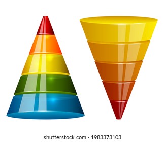 Glossy semitransparent sales funnel and pyramid for marketing infographic. Funnel glass vector element isolated on white background. Five steps sales infographic design