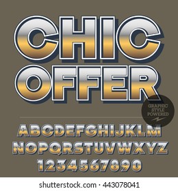 Glossy set of alphabet letters, numbers and punctuation symbols. Reflective vector promo banner with text Chic offer