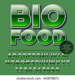Glossy set of alphabet letters, numbers and punctuation symbols. Reflective vector logotype with text Bio food