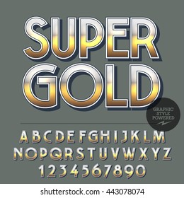 Conjunto brilhante de letras do alfabeto, números e símbolos de pontuação. Logotipo de vetor reflexivo com texto Super ouro