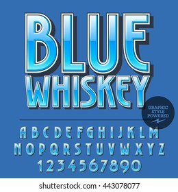 Glossy set of alphabet letters, numbers and punctuation symbols. Reflective vector label with text Blue whiskey