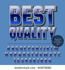 Glossy set of alphabet letters, numbers and punctuation symbols. Reflective vector banner with text Best quality